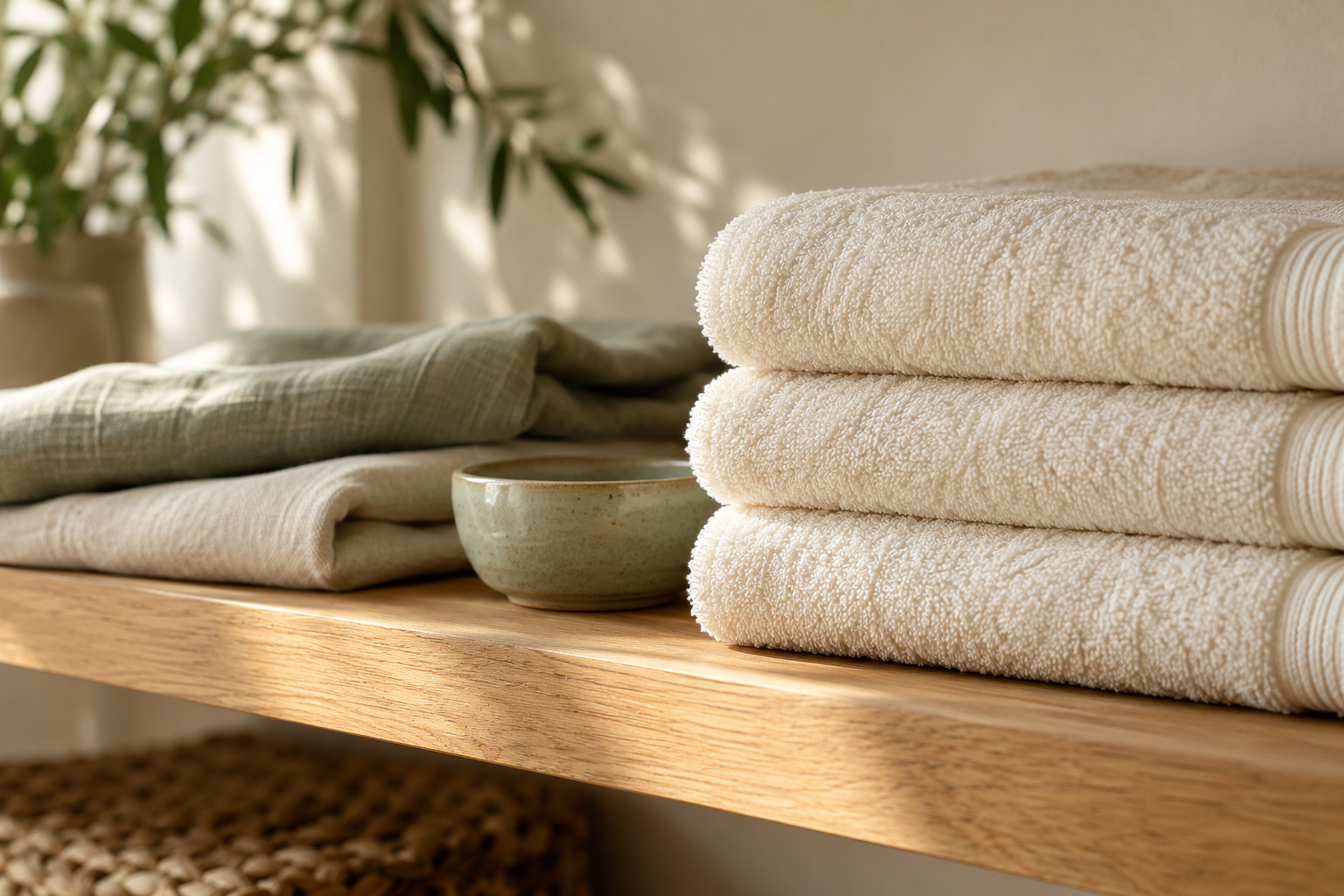 Folded ivory towels and a ceramic bowl on an oak shelf