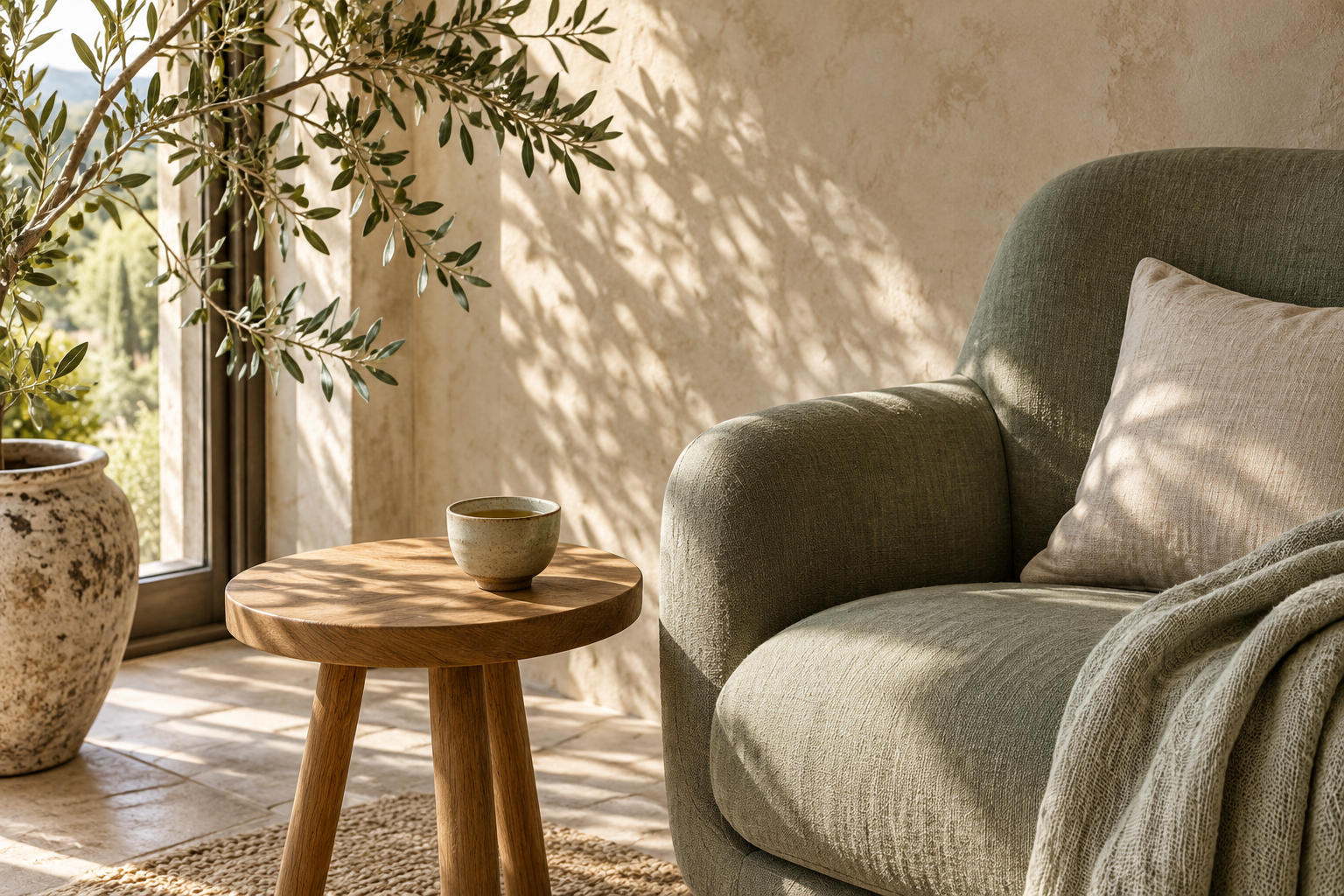 A ceramic tea cup beside a sage lounge chair