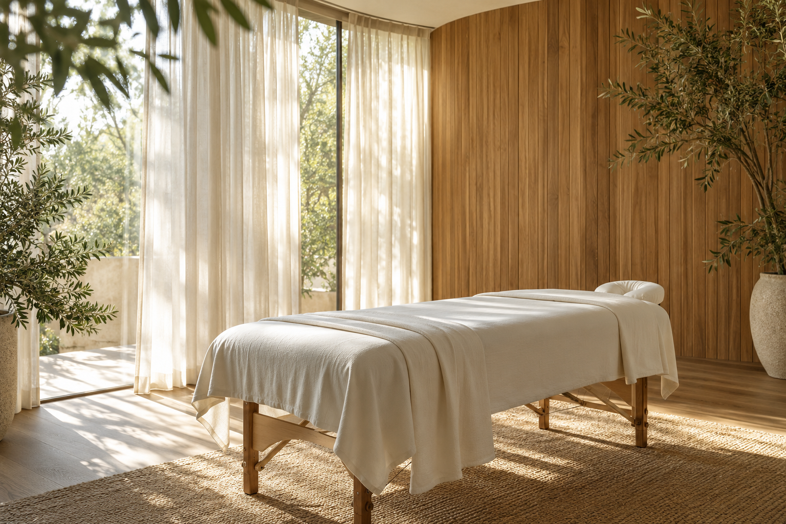 A quiet treatment table with ivory linen and soft window light